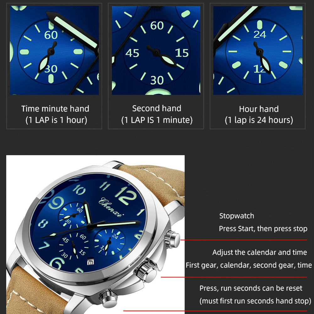 CHENXI Men Watch Multifunction - đánh giá và giá Leather Watch Band Men