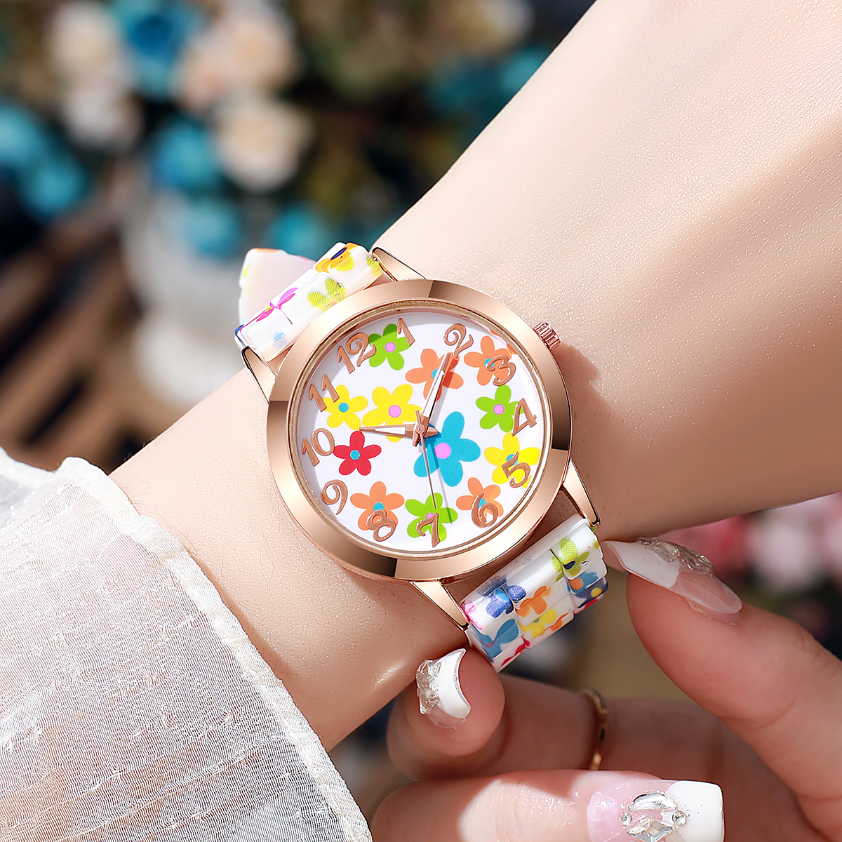 Fashion Flowers Printed Women  - đánh giá và giá Silicone Band Women